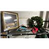 Image 1 : SHELF OF ASSORTED ITEMS INCLUDING; CHRISTMAS WREATH, FRAMED MIRROR & MORE