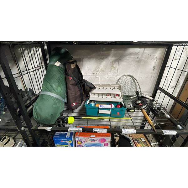 SHELF OF ASSORTED FISHING GEAR INCLUDING; REELS, ROD, NET, TACKLE BOX WITH CONTENTS & MORE