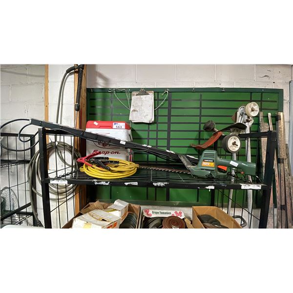 SHELF OF ASSORTED ITEMS INCLUDING; BLACK & DECKER HEDGE HOG 18 CORDLESS HEDGE TRIMMER, SNAP-ON