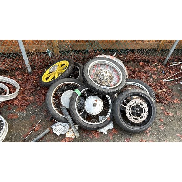 PILE OF ASSORTED MOTORCYCLE WHEELS