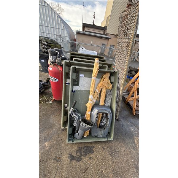 (6) STACKABLE PALLETS WITH OUTBOARD MOTOR CONTENTS, METAL RAMP & (3) 4' FOLDING TABLES *UNKNOWN