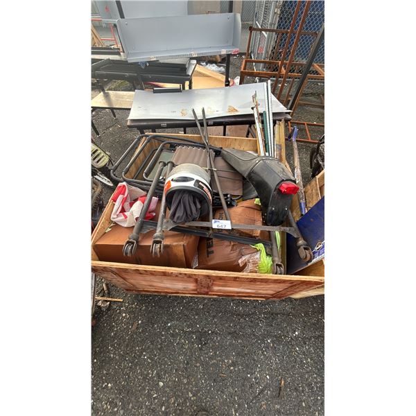 PALLET OF ASSORTED ITEMS INCLUDING; MOTORCYCLE PARTS, FISHING ROD, SHOVEL, PATIO CHAIRS & MORE