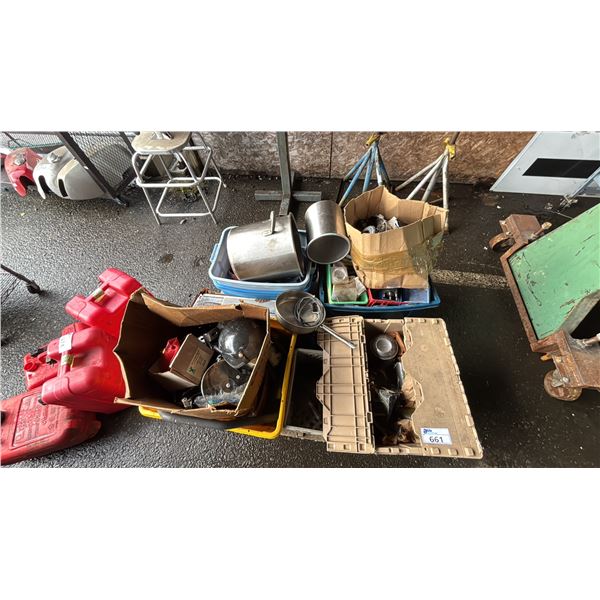 PALLET OF ASSORTED ITEMS INCLUDING; MOTORCYCLE PARTS, KITCHENWARE & MORE