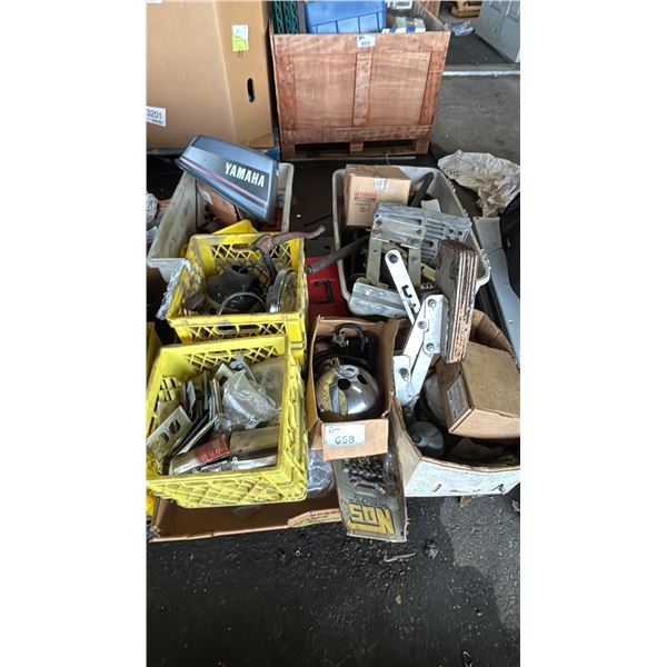 PALLET OF ASSORTED ITEMS INCLUDING; MARINE PARTS, MOTORCYCLE PARTS & MORE