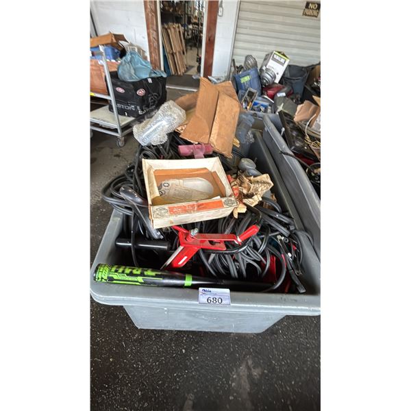 BIN OF ASSORTED ITEMS INCLUDING; MOTORCYCLE PARTS, BATTERY LINES, BASEBALL BAT & MORE *BIN NOT