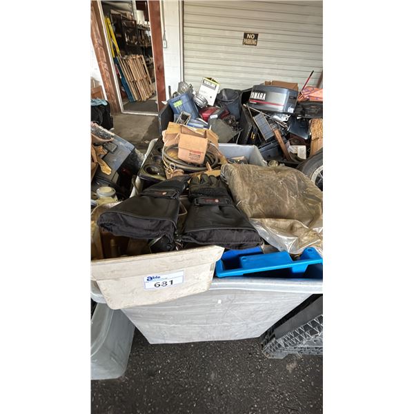 BIN OF ASSORTED ITEMS INCLUDING; MOTOR PARTS, MOTORCYCLE PARTS, HARDWARE, GRINDING DISCS & MORE