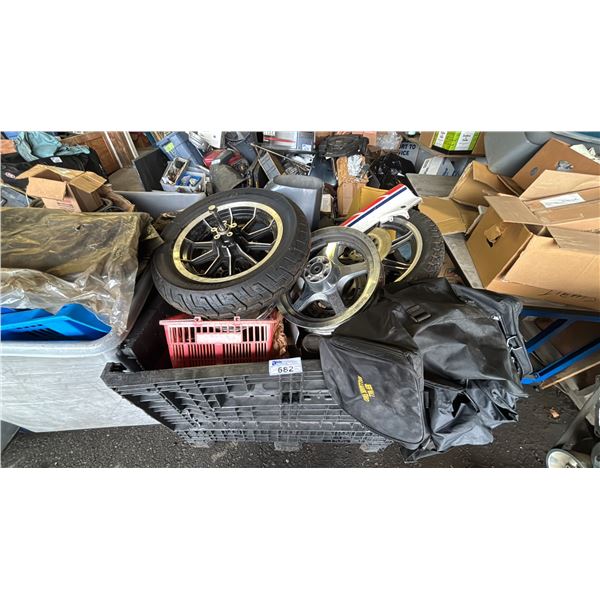 PALLET OF ASSORTED ITEMS INCLUDING; MOTORCYCLE PARTS, MARINE PARTS & MORE