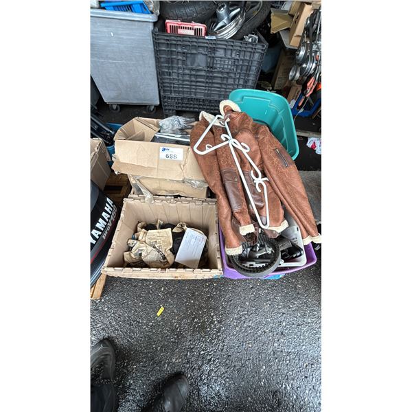 PALLET OF ASSORTED ITEMS INCLUDING; MOTORCYCLE PARTS, LEATHER JACKET, GLOVES & MORE