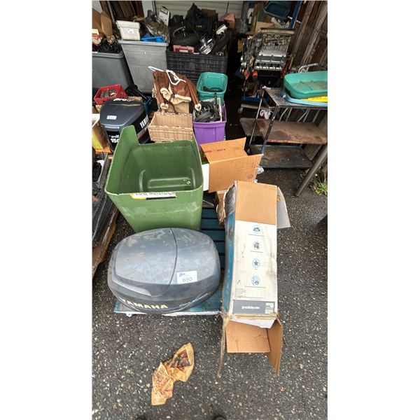 PALLET OF ASSORTED ITEMS INCLUDING; YAMAHA 80 HP OUTBOARD MOTOR COVER, CUT-OFF 2 WHEEL YARD BIN &