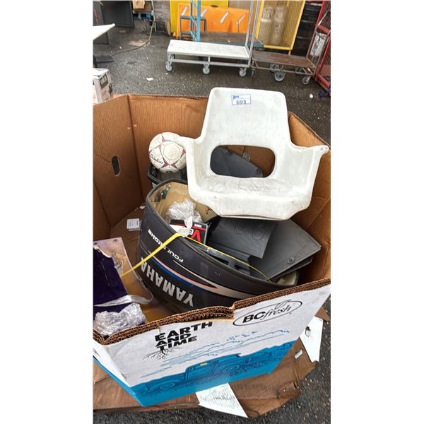 PALLET OF ASSORTED ITEMS INCLUDING; BOAT SEAT, OUTBOARD MOTOR COVERS & MORE