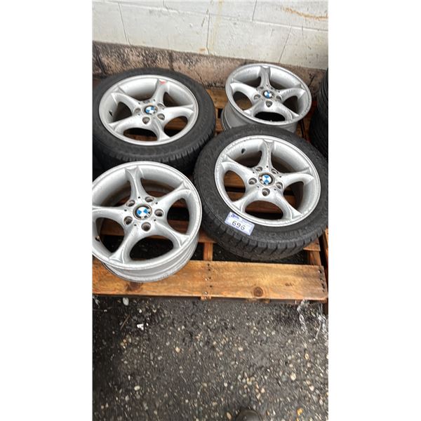 SET OF (2) AURORA 205/55R16 91H TIRES MOUNTED ON 5 BOLT METAL BMW RIMS & (2) 5 BOLT METAL BMW RIMS