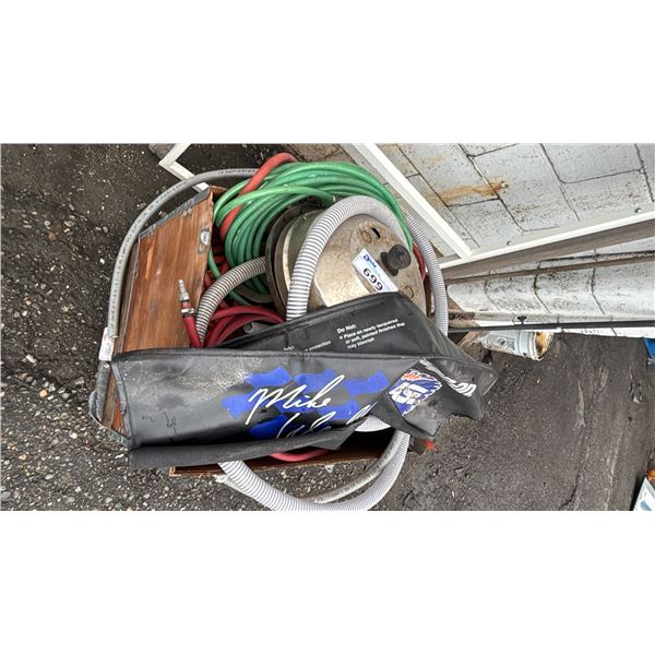 CRATE OF ASSORTED ITEMS INCLUDING; HOSES, MIXER, EXTENSION CORDS & MORE *DOLLY NOT INCLUDED*