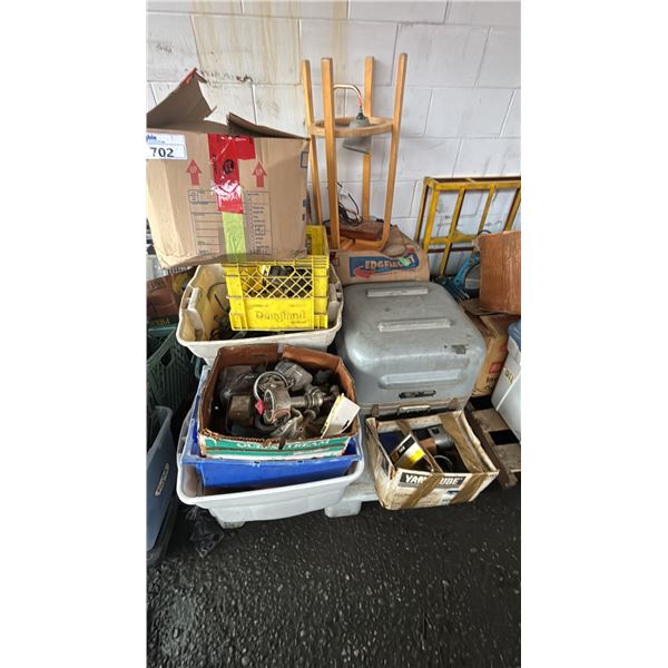 PALLET OF ASSORTED ITEMS INCLUDING; MOTORCYCLE PARTS, STOOL, STORAGE BIN & MORE