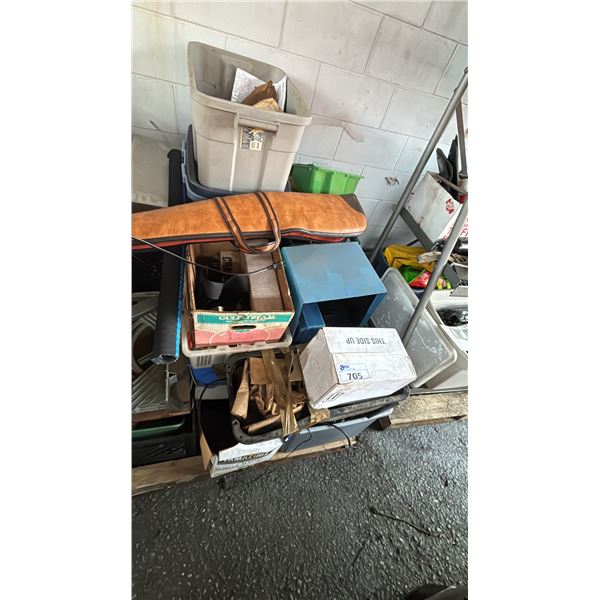 PALLET OF ASSORTED ITEMS INCLUDING; TOOLS, RIFLE CASE, MOTORCYCLE PARTS & MORE
