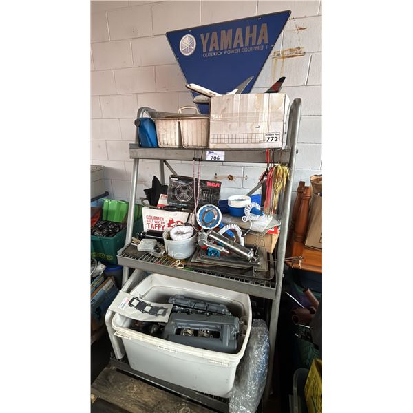 PALLET OF ASSORTED ITEMS INCLUDING; 3-TIER YAMAHA RACK, MOTORCYCLE PARTS, RCA SPEAKERS & MORE