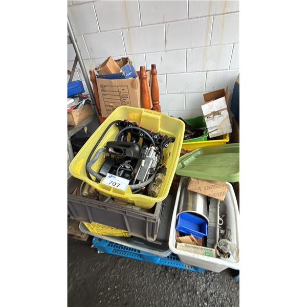 PALLET OF ASSORTED ITEMS INCLUDING; MOTORCYCLE PARTS, END TABLE & MORE
