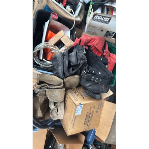 PALLET OF ASSORTED ITEMS INCLUDING; KUNYS WORK BELT, MOTORCYCLE PARTS, TUBING & MORE
