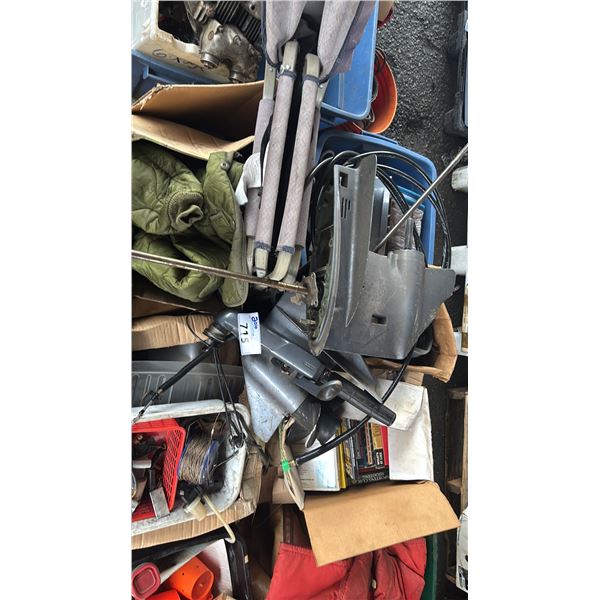 PALLET OF ASSORTED ITEMS INCLUDING; OUTBOARD MOTOR PARTS, CAMPING CHAIR, BOOKS & MORE
