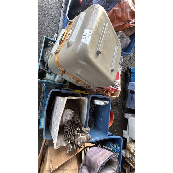PALLET OF ASSORTED ITEMS INCLUDING; US NAVY STORAGE BIN, MOTOR PARTS, MARINE FUEL TANK & MORE