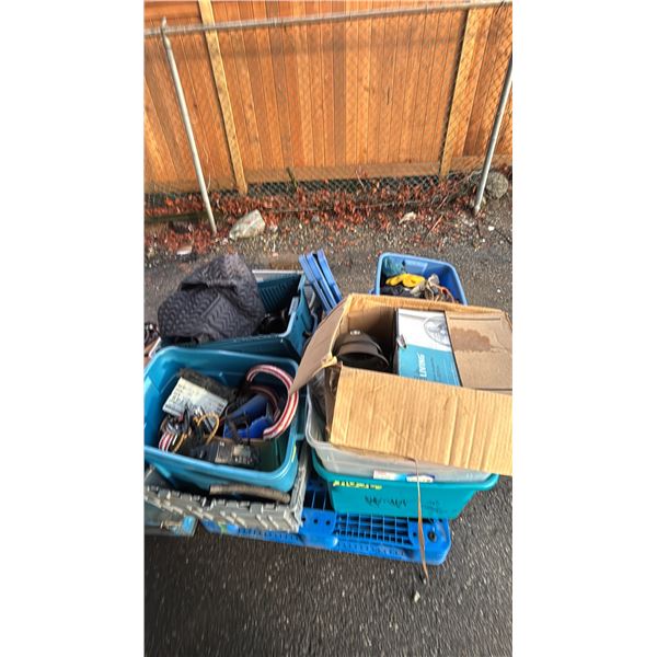 PALLET OF ASSORTED ITEMS INCLUDING; MARINE RADIO, MOTORCYCLE METERS, GLOVES & MORE