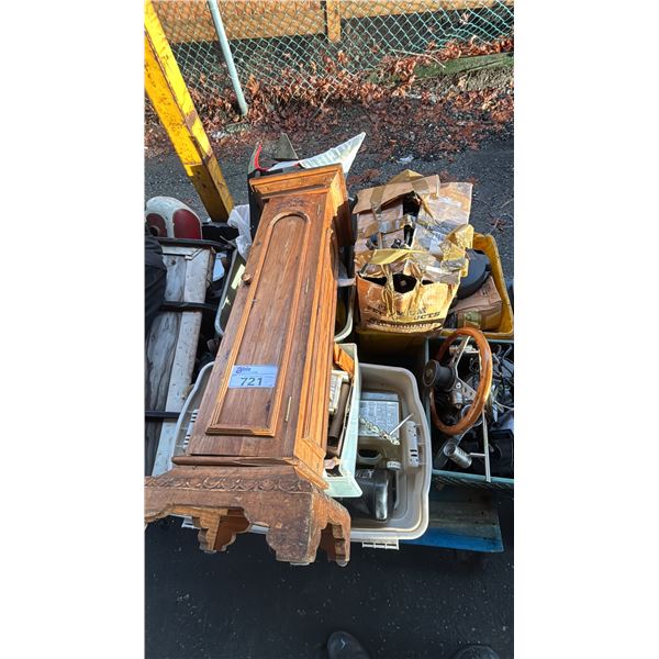 PALLET OF ASSORTED ITEMS INCLUDING; MOTORCYCLE & MARINE PARTS, PEDESTAL STAND WITH STORAGE & MORE