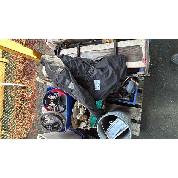 PALLET OF ASSORTED ITEMS INCLUDING; STEERING WHEELS, MECHANICS CREEPER, HEIN GERICKE JACKET & MORE