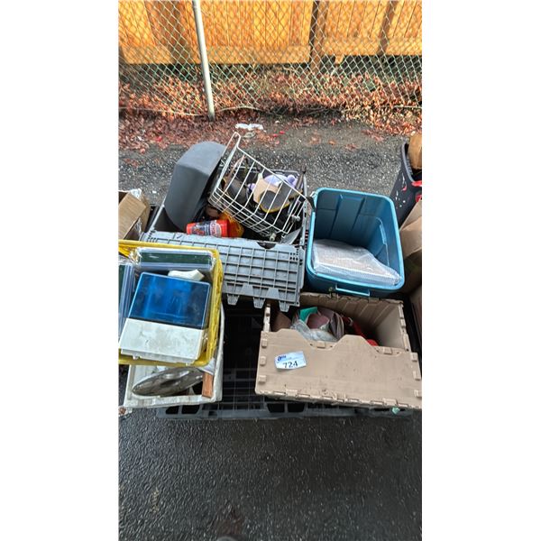 PALLET OF ASSORTED ITEMS INCLUDING; TOOLS, SANDING PAPER, MOTORCYCLE PARTS & MORE