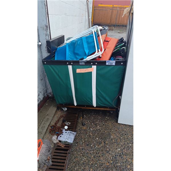 BIN OF ASSORTED ITEMS INCLUDING; CAMPING CHAIRS, HOCKEY HELMET, ROLL-OUT MAT & MORE *BIN NOT