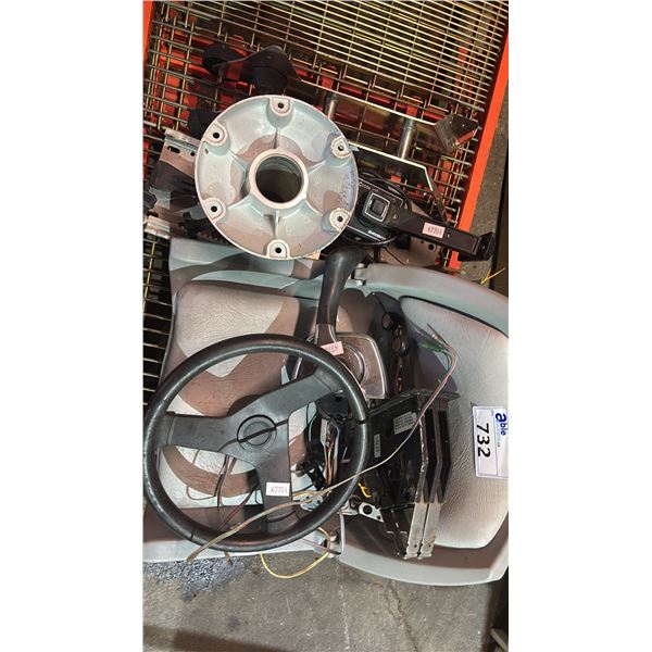 ASSORTED MARINE PARTS INCLUDING; SEAT, THROTTLE, STEERING WHEEL & MORE
