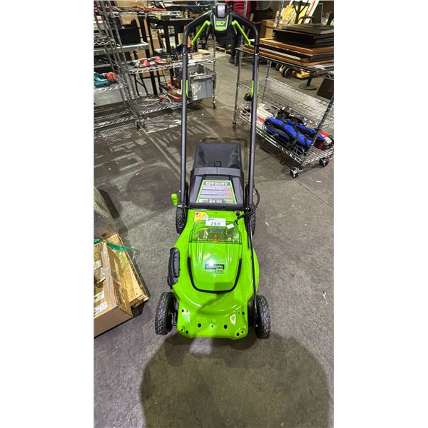 GREENWORKS PRO CORDLESS SELF PROPELLED MOWER WITH REAR BAG *NO BATTERIES, UNKNOWN RUNNING