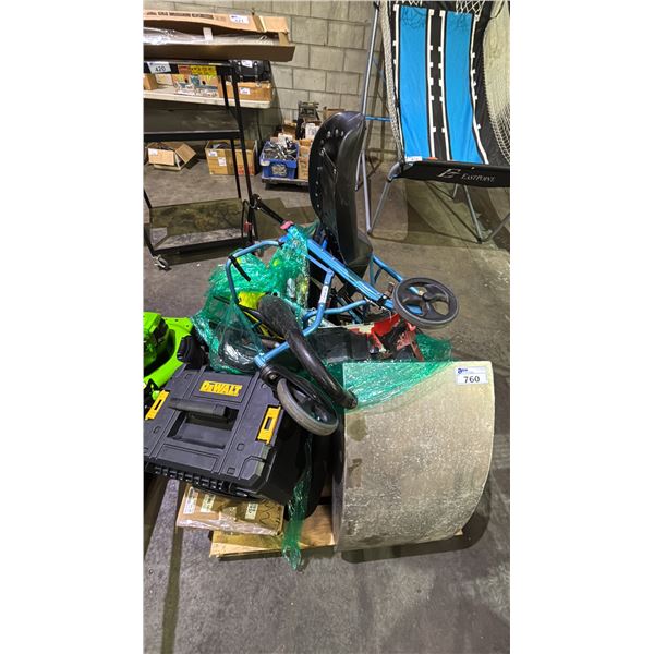 PALLET OF ASSORTED ITEMS INCLUDING; MOBILITY WALKER, MOTORCYCLE WHEELS, DEWALT TOOL BOX & MORE