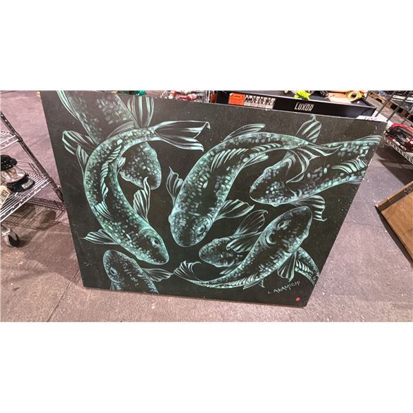 LARGE ARTIST SIGNED CANVAS ART OF FISH 52.5" X 39"