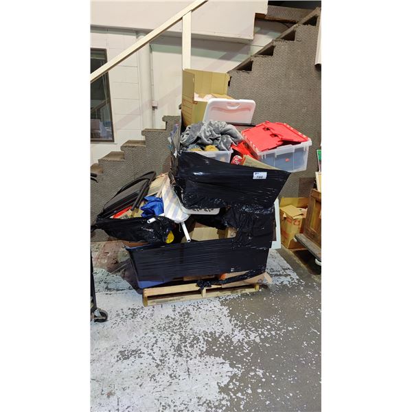 PALLET OF ASSORTED ITEMS INCLUDING; CLOTHING, IRONING BOARD, FOLDING CHAIRS & MORE