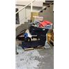 Image 1 : PALLET OF ASSORTED ITEMS INCLUDING; CLOTHING, IRONING BOARD, FOLDING CHAIRS & MORE