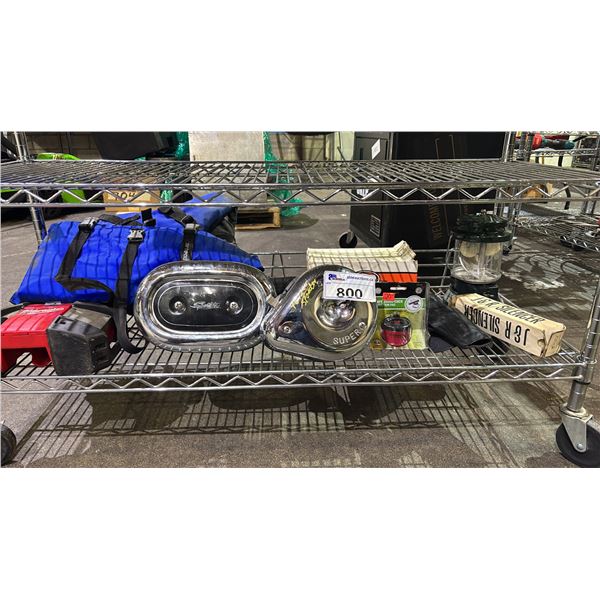 SHELF OF ASSORTED ITEMS INCLUDING; MILWAUKEE SPEAKER, MOTORCYCLE PARTS, LIFE VEST & MORE