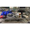 Image 1 : SHELF OF ASSORTED ITEMS INCLUDING; MILWAUKEE SPEAKER, MOTORCYCLE PARTS, LIFE VEST & MORE