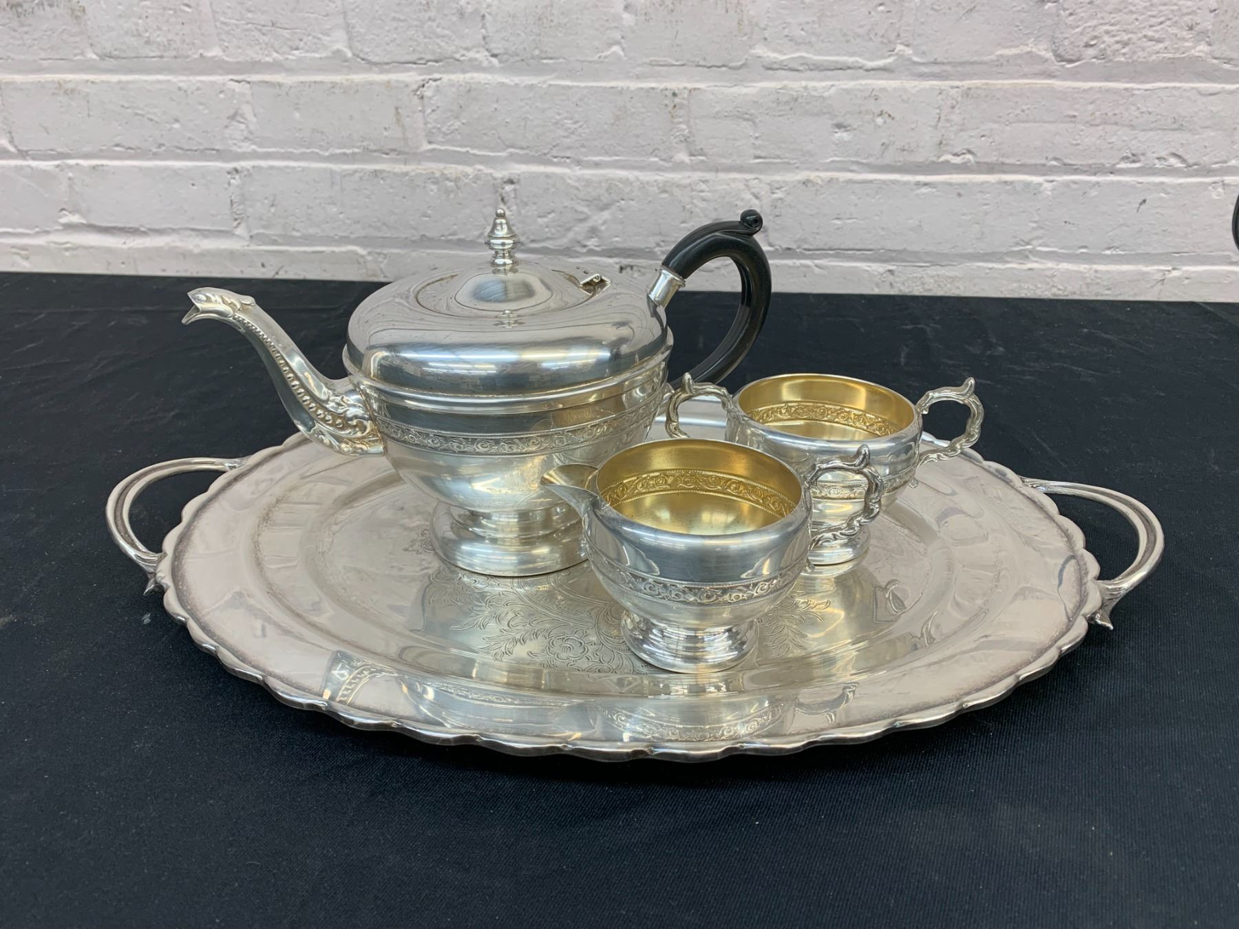 Silverware Tea Set Pot, Cream and Sugar, Tray Viking Plate EP Copper