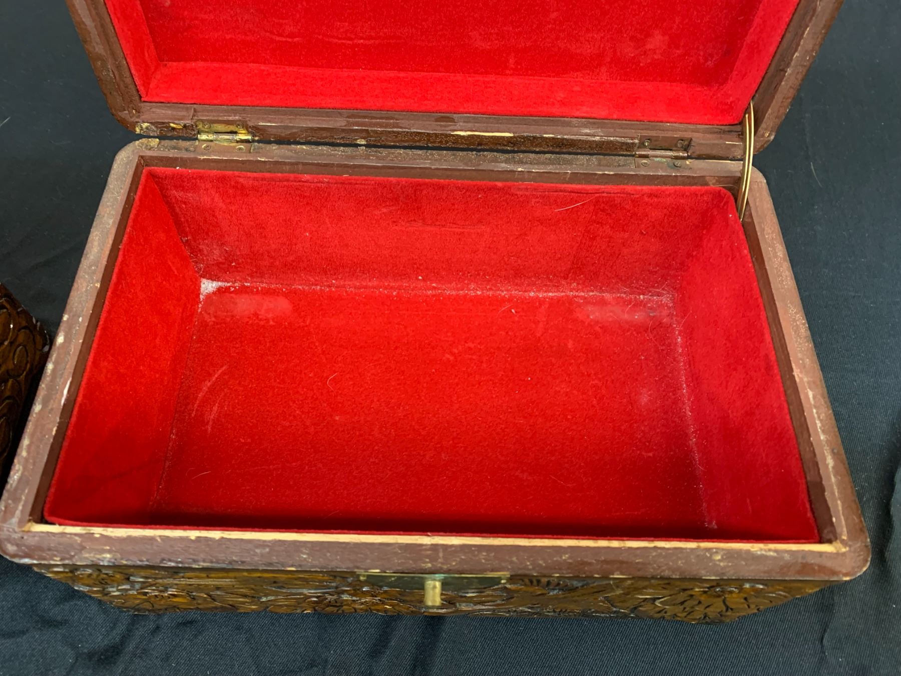 Lot of 3 Carved Jewelry Boxes Red Felt Lined 3 Sizes