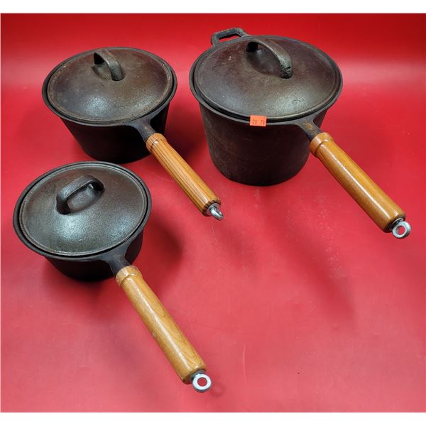 3 Cast Iron Pots w/ Wooden Handles