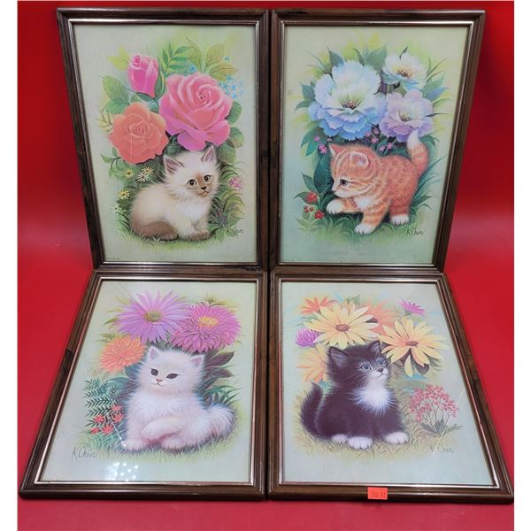 4 VTG Framed Kitten Prints by K. Chin