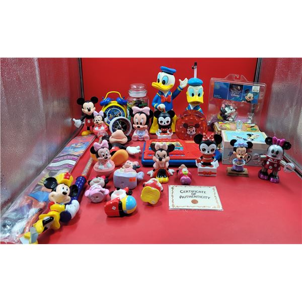 Assorted Disneyana Collectibles w/ Clocks, Coin Bank, Kite, & More