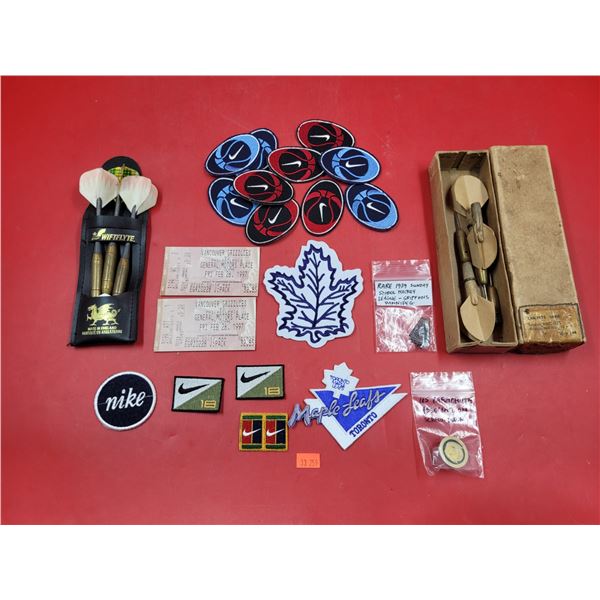 Sporting Collectible Lot w/ Nike Patches, Darts, Vancouver Grizzlies Tickets, & More