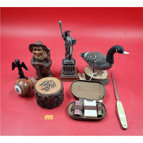 Decor & Collectible Lot w/ Wooden Duck, Totem Pole, VTG Travel Shaving Kit, & More