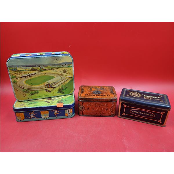 VTG Tin Lot w/ Boot Polish Tin, British Empire Games Stadium Tin, & More