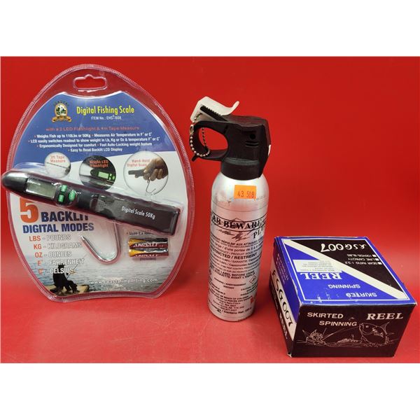 Hunting Lot w/ Bear Spray, Spinning Reel, & Digital Fishing Scale
