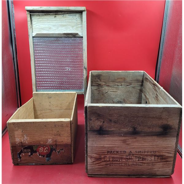 2 Wooden Fruit Crates & Washing Board