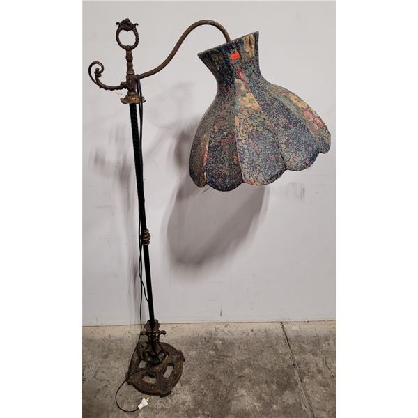 Antique Cast Iron Floor Lamp w/ Floral Shade