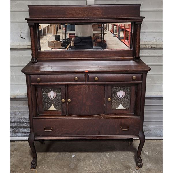 Antique Mirror-Back Sideboard w/ Claw Feet & Stained Glass Doors