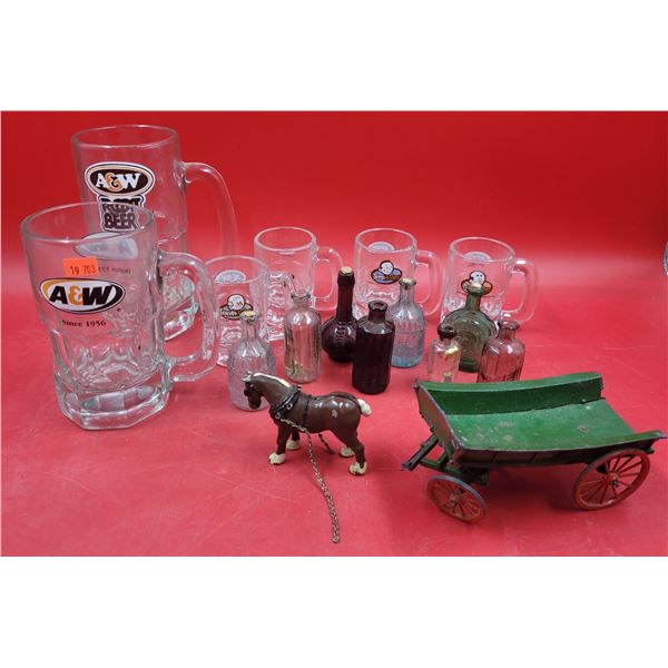 A&W Mugs, Small VTG Glass Bottles, & Horse-Drawn Wagon Figure