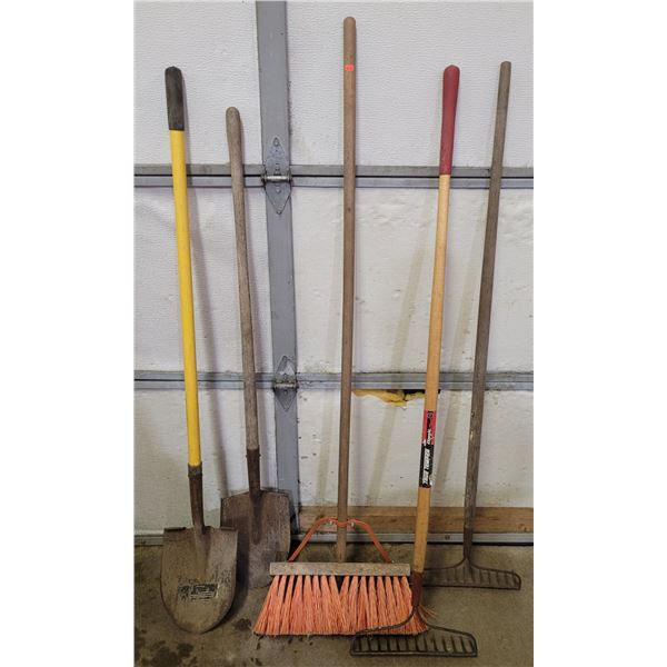2 Shovels, 2 Garden Rakes, & Broom